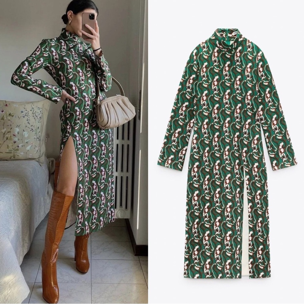 ZARA Mockneck Paisley Print Side Slit Midi Dress 🔥Bloggers Fave